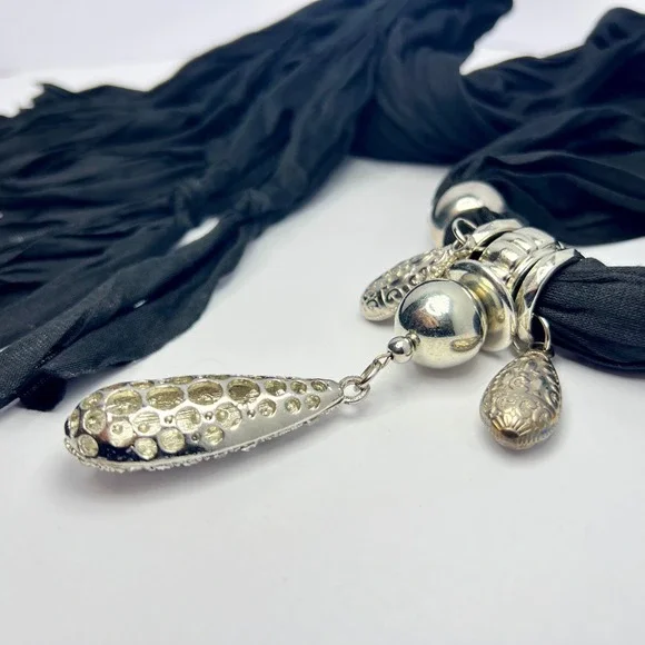 Black Scarf‎ Necklace Silver Tone Beads Rhinestones Fringe Western Statement - Picture 5 of 8